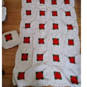 Handmade Crochet Granny Square Blanket Roses and Small Pillow 67"x 43"